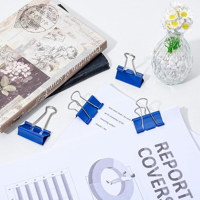 Temiary 24 Pcs Binder Clips, 1.6 Inch Large Metal Binder Paper Clip with Container, Blue Paper Clamps Bulk for Office, Home, School Supplies