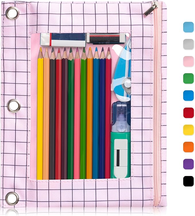 Forvencer Pencil Pouch for 3 Ring Binder, Large Pencil Case Pouch with 3 Reinforced Grommets, Pen Bag, Clear Window Pencil Case, Binder Accessories, Pink Plaid