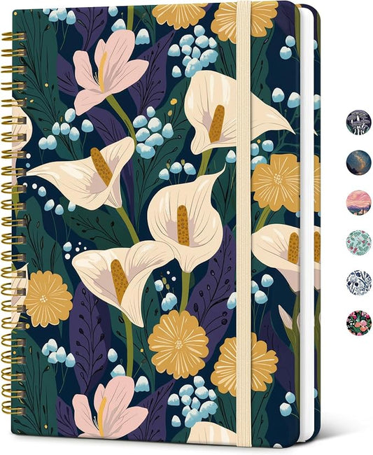 Taja Lined Spiral Journal Notebook for Women, Pretty College Ruled Notebook for Work & Note Taking, A5 Hardcover Journal for Writing, Cute Aesthetic 140 Pages, Midnight Calla