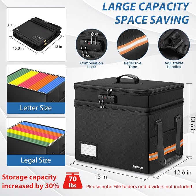 Fireproof Document Box with 13 Pocket Accordian File Folder | Water-Resistant File Organizer Box with Lock, Collapsible File Storage Cabinet for Hanging Letter/Legal Folder, Black