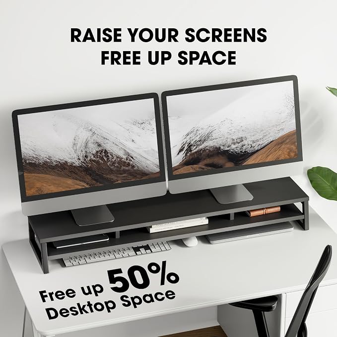 Fenge Dual Monitor Riser for Desk, Open Shelf with 3 Storage Compartments | 42.5in Computer Monitor Stand, 2-Tier Desk Shelf for Top of Desk,One-Piece Panel, fit Ultrawide Monitor, PC, Laptop, Black