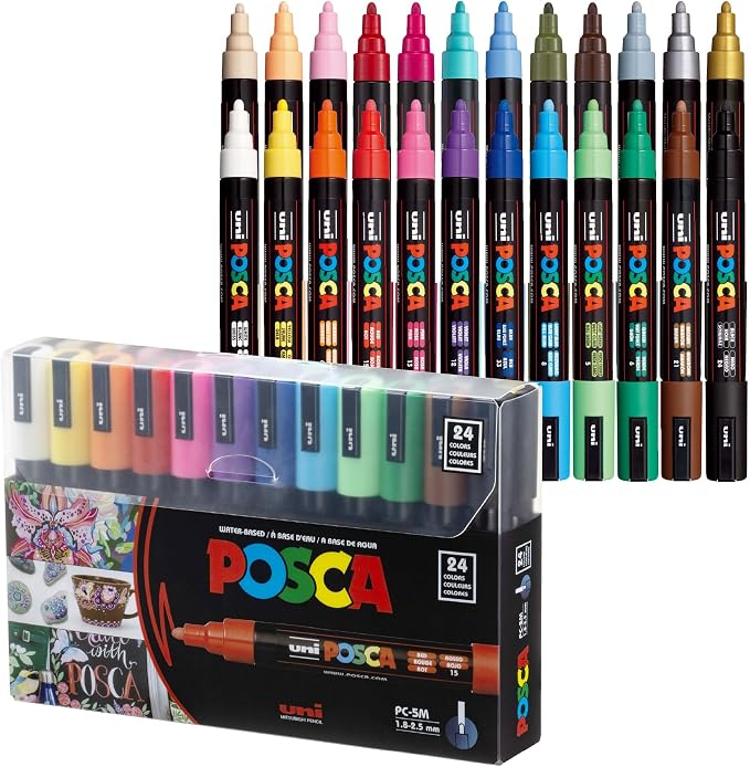 POSCA® PC-5M Paint Markers, 24 Count Medium Reversible Tip Set (1.8–2.5 mm) | Water-Based Opaque Paint Pens for Rock Painting, Wood, Glass, Crafts & Art Projects