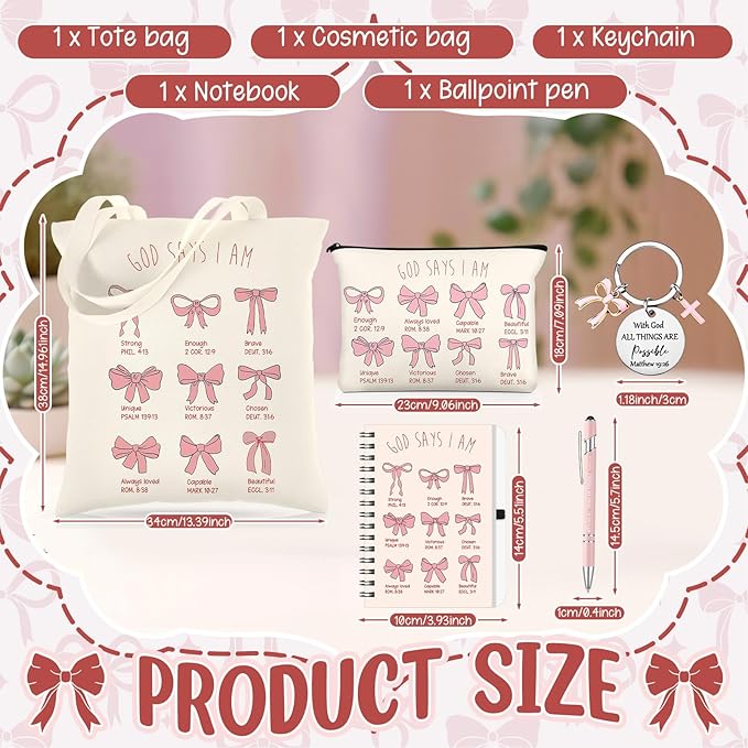 Kinlop 5 Pcs Gift Set for Women Include Tote Bag Canvas Cosmetic Bag Coil Notebook Keychain and Ballpoint Pen for Women Girls (Pink Bow,Pink)