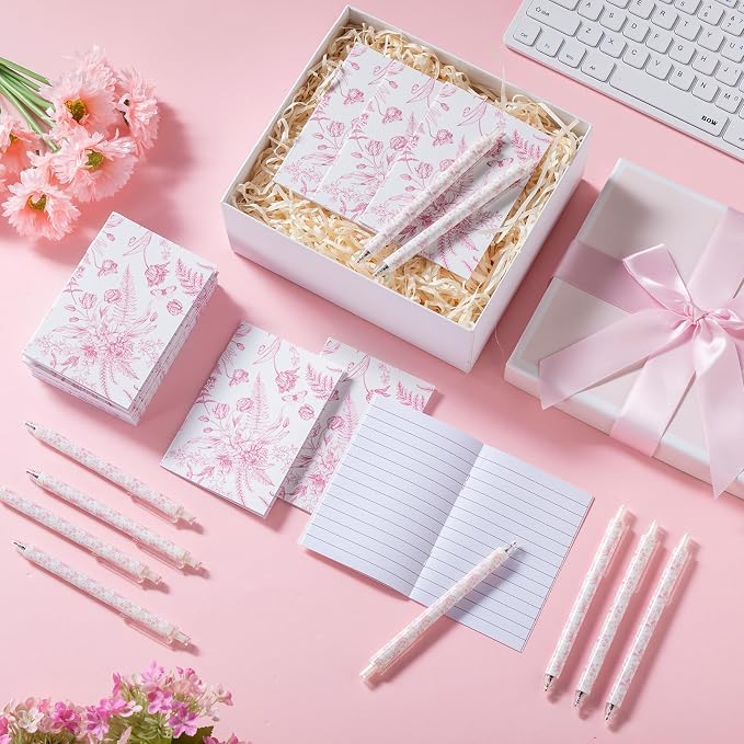 Engrowtic 24 Set Pink and White Floral Mini Notebooks and Ballpoint Pens Chinoiserie Vintage Pocket Notepads Gel Pens Small Journals for Bridal Wedding Baby Shower