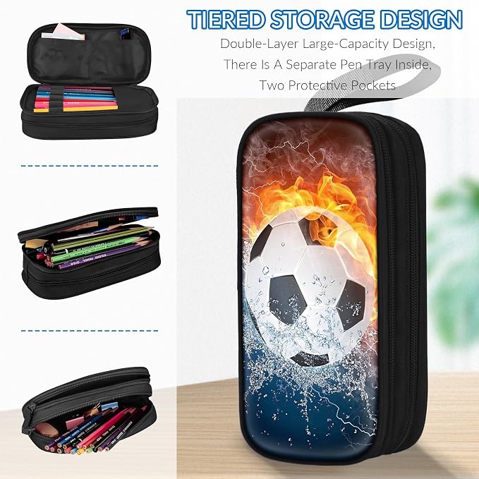 TILYTADLY Large Pencil Case for Boys - Soccer Boys Pencil Pouch with Zipper Compartments - Big Capacity Pen Box Pen Bag Organizer with Keychain for Kids Teens School