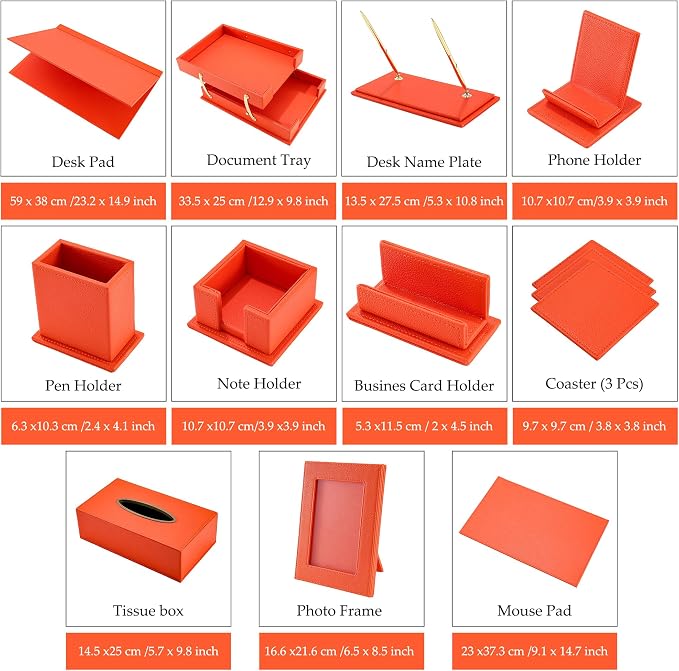 Luxury Executive Leather Desk Organizer Set –13-Piece Office Desk Accessories with Desk Pad, Letter Tray, Phone Stand, Pen Holder & Coasters – Professional Office Desk Decor & Gift (Orange)