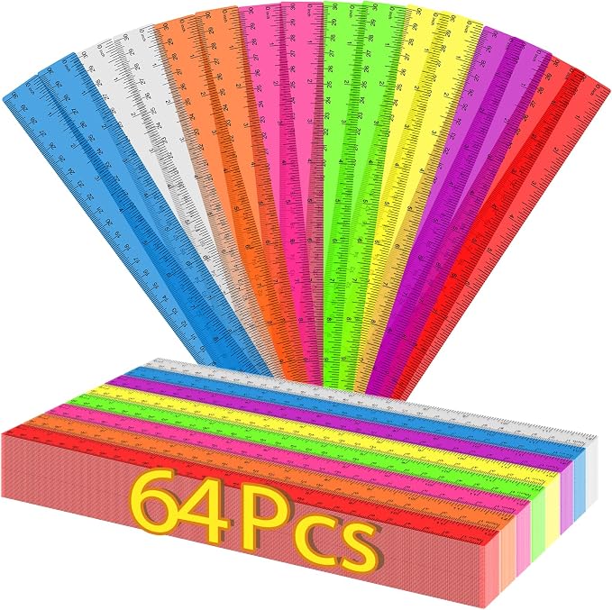 64 Pack Plastic Ruler 12 Inch in Bulk, Plastic Rulers in Assorted Colors, Clear Ruler with Inches and Centimeters, Transparent Rulers Bulk for Kids Back to School, Classroom, Office, Home Supplies