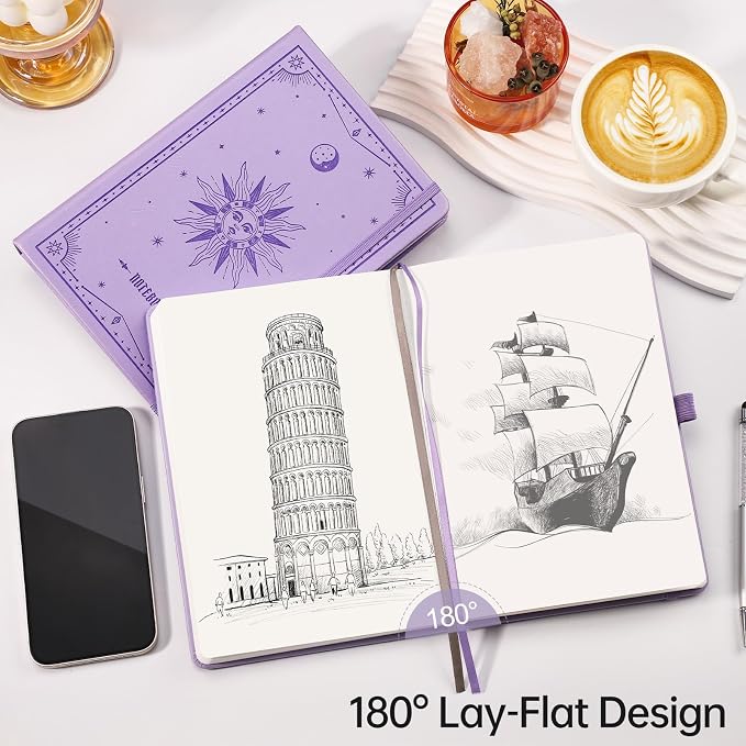 EMSHOI Blank Journal Notebook, 192 Pages, A5 Size (5.7'' x 8.3'') | Leather Hardcover, 100 GSM Thick Paper, Unlined, Plain, for Sketching, Drawing, Painting, Sun Debossed (Light Purple)