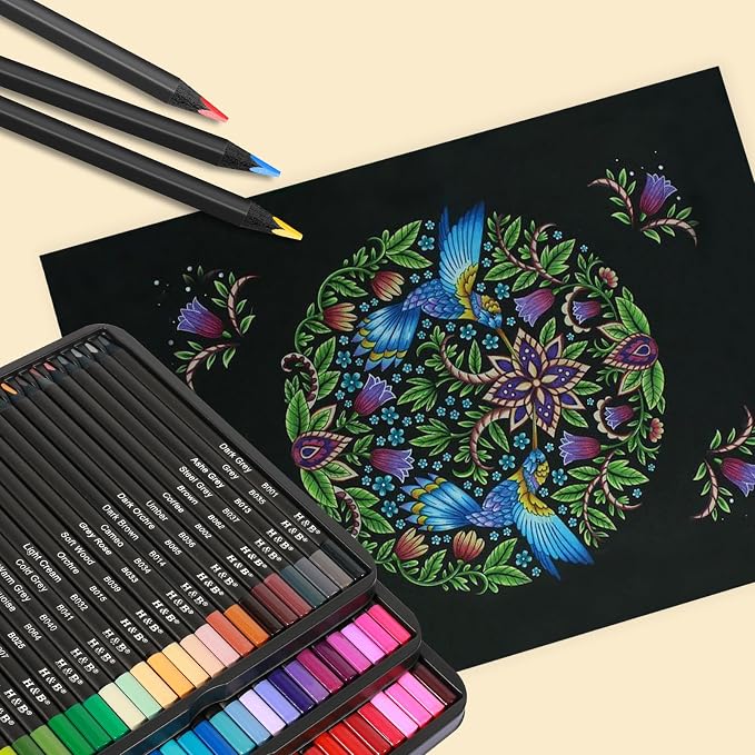 H & B 72-Color Oil-Based Colored Pencils Set with Tin Case – Triangular Grip, Vibrant Soft Core, Black Paper Swatch Sheet & Mandala Stencils for Adults, Beginners & Artists