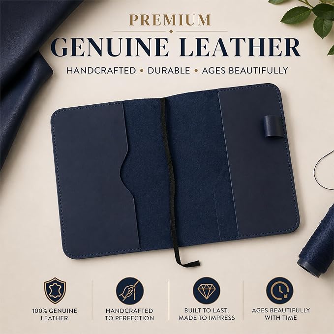 Premium Leather Journal Cover A5 – Handmade Refillable Notebook Cover Sleeve with Pen Holder for Writing, Travel & Business Use 5.75 x 8.25 (Blue)