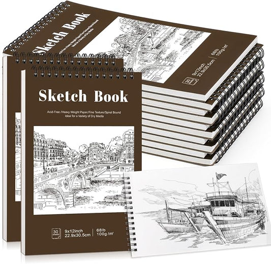 12 Pack Sketch Book, 9 x 12 Inch Sketchbook, 68lb/100gsm Top Spiral Bound Sketch Pad, Acid Free Art Supplies Drawing Painting Sketching Paper for Kids, Adults, Beginners, Artists (Tan)