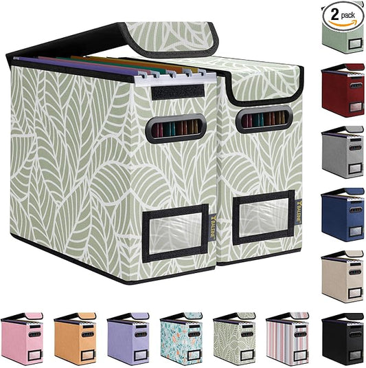 BALEINE File Organizer Box with Lid, Collapsible File Folder Organizer with Plastic Slide, Hanging File Folder Box for Office Document Storage (2 Pack, Antique Foliage, S)