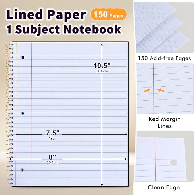 Spiral Notebook College Ruled Paper 8" x 10-1/2", 1 Subject Spiral Notebook 80GSM Paper, 3-Hole Punched Perforated Pages Ideal for School, Office, Writing, 75 Sheets Lined Journaling Notebook, Black