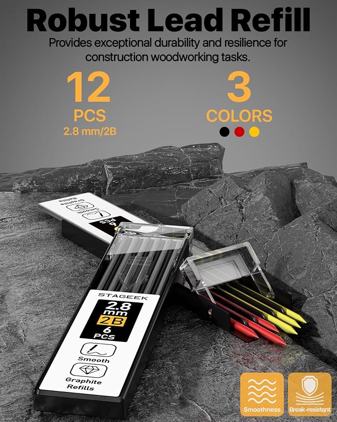 STAGEEK 2.8mm Carpenter Pencil Set with Storage Case, Built-in Sharpener | 13 Refills (Red, Black, Yellow), Deep Hole Long Nib Marker, Heavy Duty Woodworking Tools for Architect Electricians