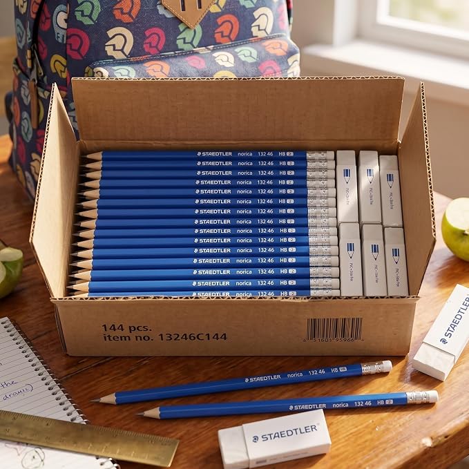 STAEDTLER Norica #2 HB Pencils Class Pack: 144 Pre-Sharpened Pencil + 12 Erasers, Bulk School Supplies Set, Break-Resistant Lead, Latex, PVC-Free (576 pencils + 48 erasers, 3 Pack)
