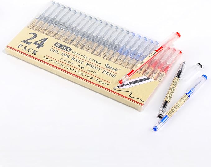 Japanese Style Black Blue & Red Gel Ink Pens, 0.35mm Extra Fine Point, No Smudge Quick Drying, Japanese Ink Pen for Journal Planners, Thin Notebook Paper, Office School Supplies 24 Pack