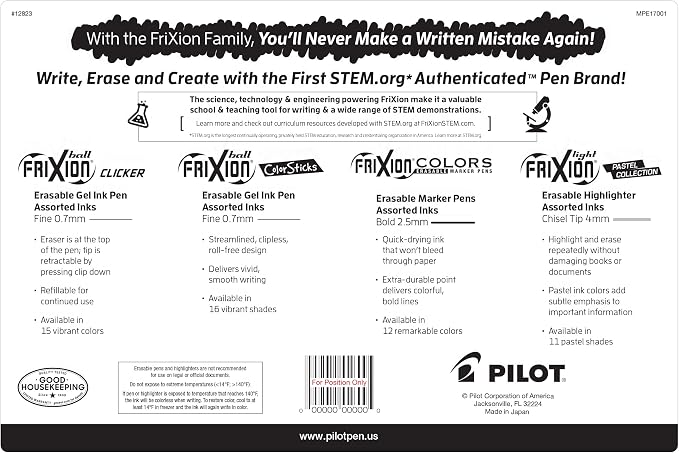 Pilot, FriXion Assorted Erasable Gel Ink Pens, Marker Pens & Highlighters, Pack of 17, Assorted Colors