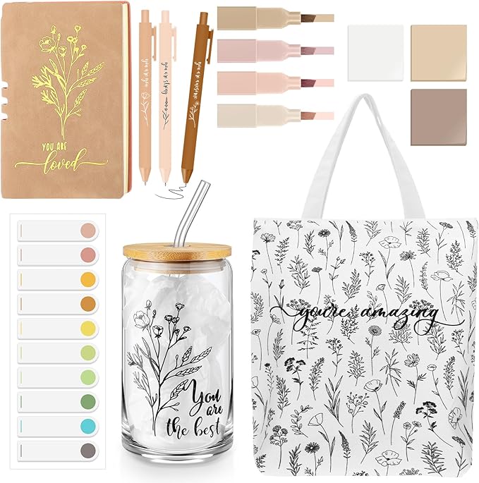 14 Pcs Inspirational Journal Kit for Women Aesthetic A6 Leather Journal Notebook Glass Cup Canvas Tote Bag Motivational Pen Stationery Set for Vbs Sunday School Teacher Back to School(White)