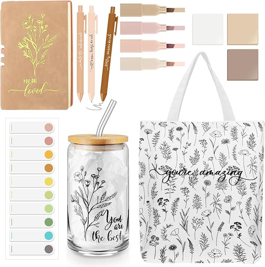 14 Pcs Inspirational Journal Kit for Women Aesthetic A6 Leather Journal Notebook Glass Cup Canvas Tote Bag Motivational Pen Stationery Set for Vbs Sunday School Teacher Back to School(White)
