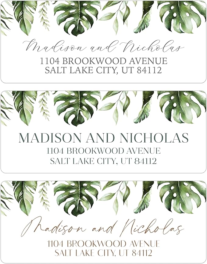 Return Address Labels Personalized with Your Choice of 30 Flower Styles - Choose Font and Font Color or Add Custom Text - Perfect for Wedding Envelopes (006 Palm Leaves)