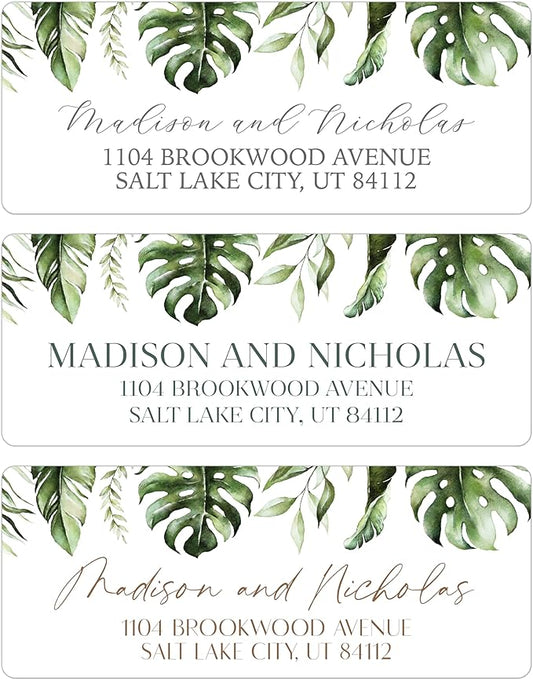 Return Address Labels Personalized with Your Choice of 30 Flower Styles - Choose Font and Font Color or Add Custom Text - Perfect for Wedding Envelopes (006 Palm Leaves)