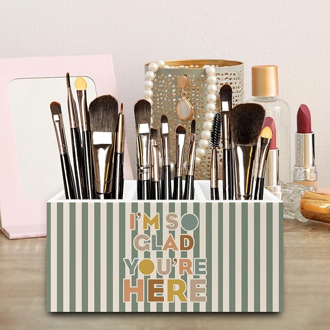 Boho Classroom Pen Pencil Holder Organizer for Desk, I'm So Glad You're Here Sage Green Striped Wooden Box Signs Decorations for Kids Boys Girls Room Bedroom Classroom Desk Tabletop