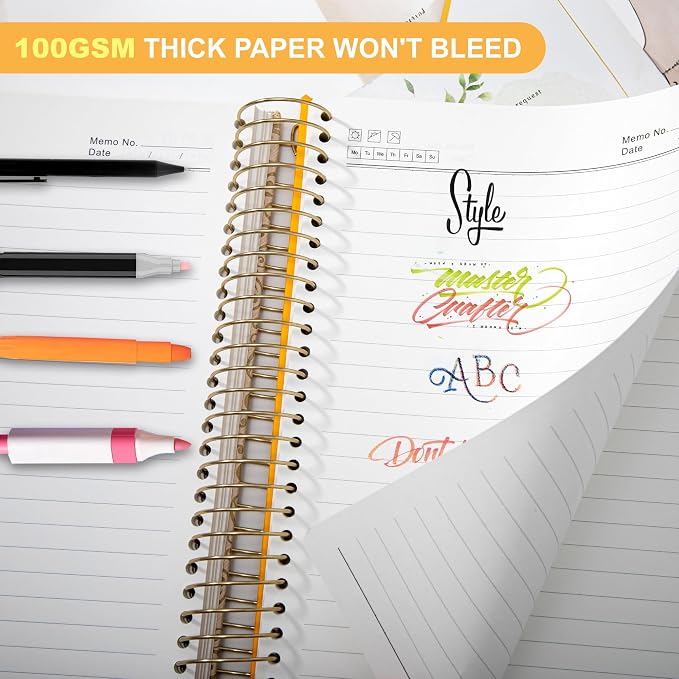 Spiral Notebook Leather Journal for Women, 300 Pages, 7X10,Yellow | Large Notebooks for School Office, Note Taking Notebooks for Writing Lined Notebook with Tabs Pockets Pen Holder