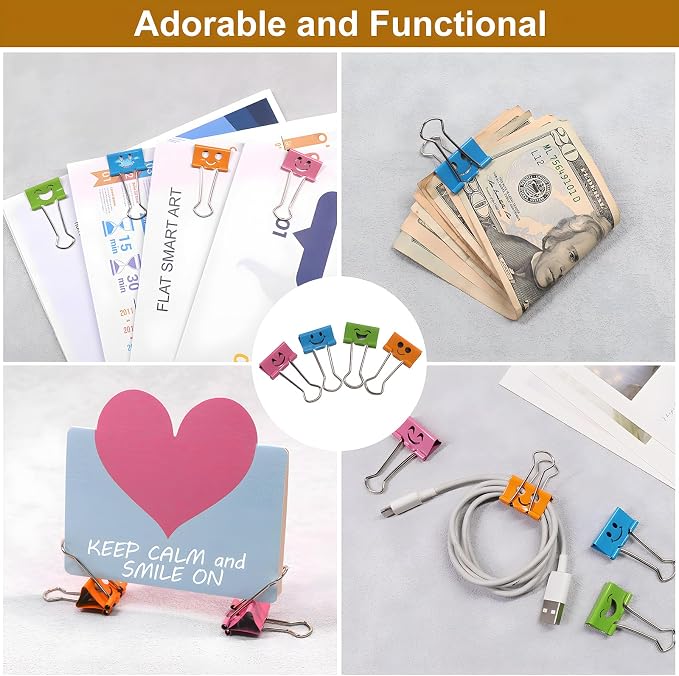 Coideal Cute Smiley Face Binder Clips, 48 Pack 1 Inch Medium Metal Paper Clamps, Assorted Colors Hollow Design for Office School Home Organization (25mm)
