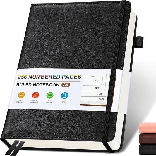 Lined Leather Journal Notebook for Men Women, Hardcover Journals with 256 Numbered Pages, A4 Journaling Notebooks for Writing, 100GSM Thick Ruled Paper for Business Work School 8.5"×11", Black
