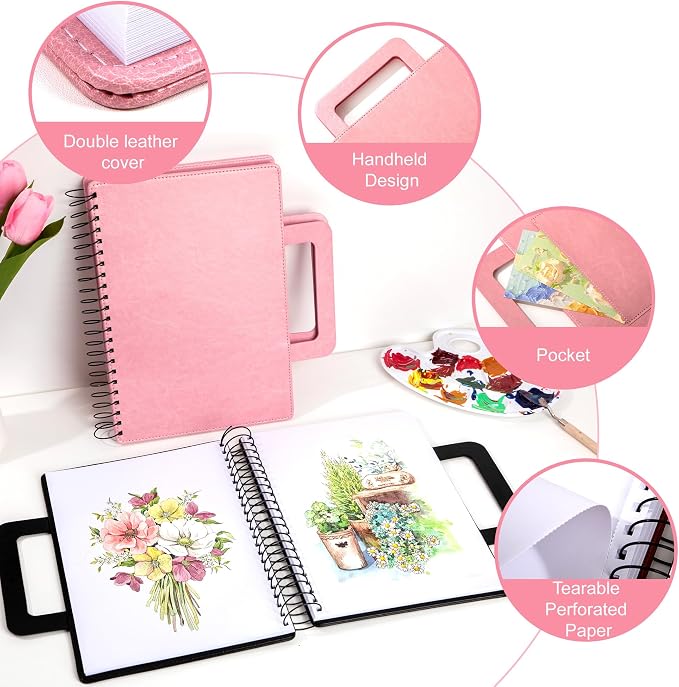 Large Sketchbook for Drawing 9"X 12" Portable Travel Spiral Bound Sketch Book with Pocket(98lb/160gsm) Hardcover Drawing Pad for Adults Watercolor Mixed Media Paper, 60 Sheets/120 Pages, Pink