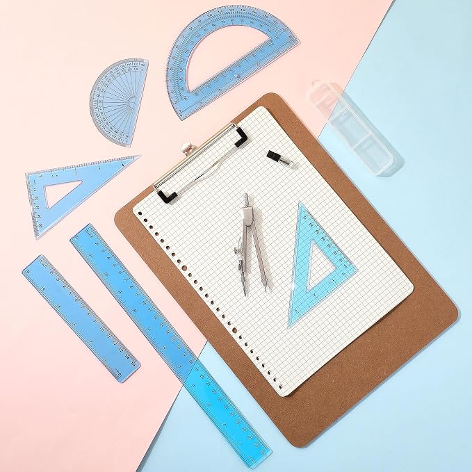 Zonon 7‑Piece Geometry Set with Drawing Compass, 6 & 4 Inch Protractors, Triangle Rulers and Straight Rulers, Transparent Math Drafting Supplies for Back to School, Students and Office Use(Blue)