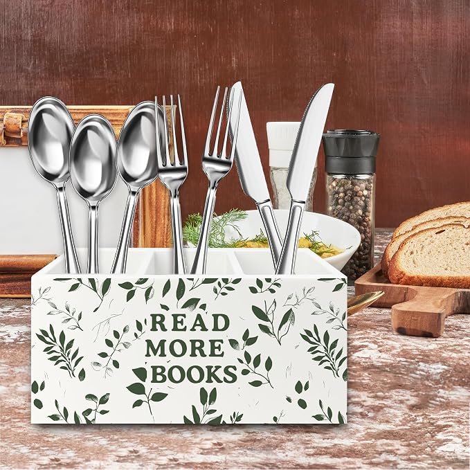 Reading Room Decor Pen Pencil Holder Organizer for Desk, Read More Books Botanical Wooden Box Signs Decorations for Reading Nook Corner Room Library Desk Tabletop, Book Lover Reader Gifts