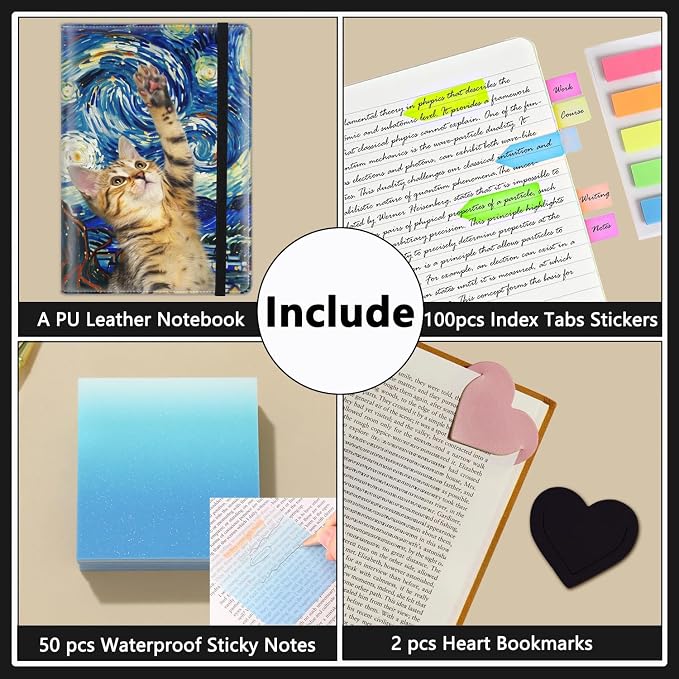 A5 Leather Lined Journal Notebook, 200 Pages Hardcover Executive Notebook for Men Women Office School Note Taking, Thick Writing Paper Daily Journal with Bookmarks/Indexes,Night Cat