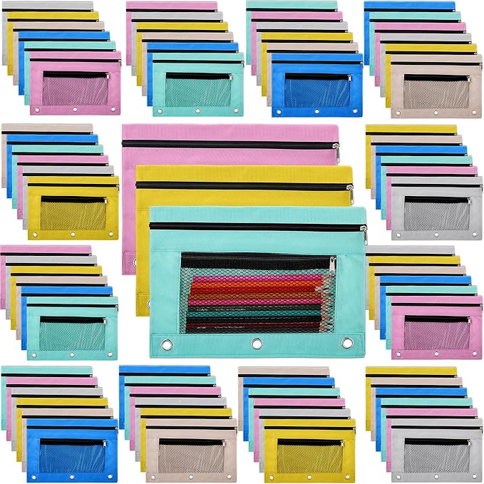 Zhehao 100 Pcs Zipper Binder Pencil Pouches:3 Ring Binder Pencil Pouches with Zipper Window Bulk Clear Pen Bags Case for Office School Classroom Supplies