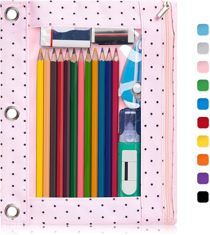 Forvencer Pencil Pouch for 3 Ring Binder, Large Pencil Case Pouch with 3 Reinforced Grommets, Pen Bag, Clear Window Pencil Case, Binder Accessories, Pink Polka Dot
