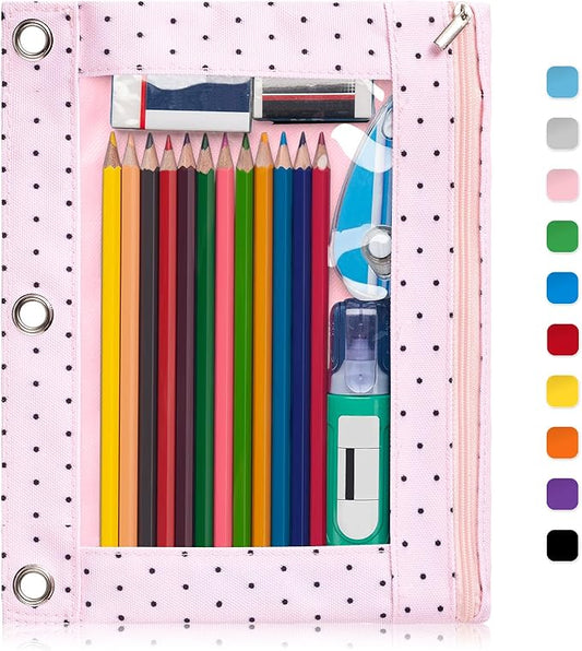 Forvencer Pencil Pouch for 3 Ring Binder, Large Pencil Case Pouch with 3 Reinforced Grommets, Pen Bag, Clear Window Pencil Case, Binder Accessories, Pink Polka Dot