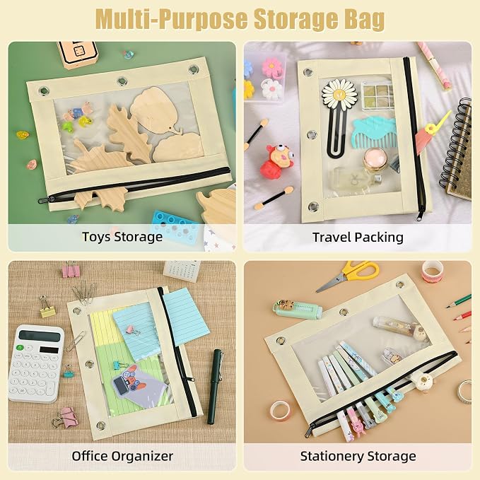 Lanpn Pencil Pouch for 3 Ring Binder 6 Pack, Aesthetic Binder Pen Bags with Zipper, 3 Holes Pencil Pouches Organizer for Boy Girl Kids School Student, Reinforced Grommets & Clear Window, Beige