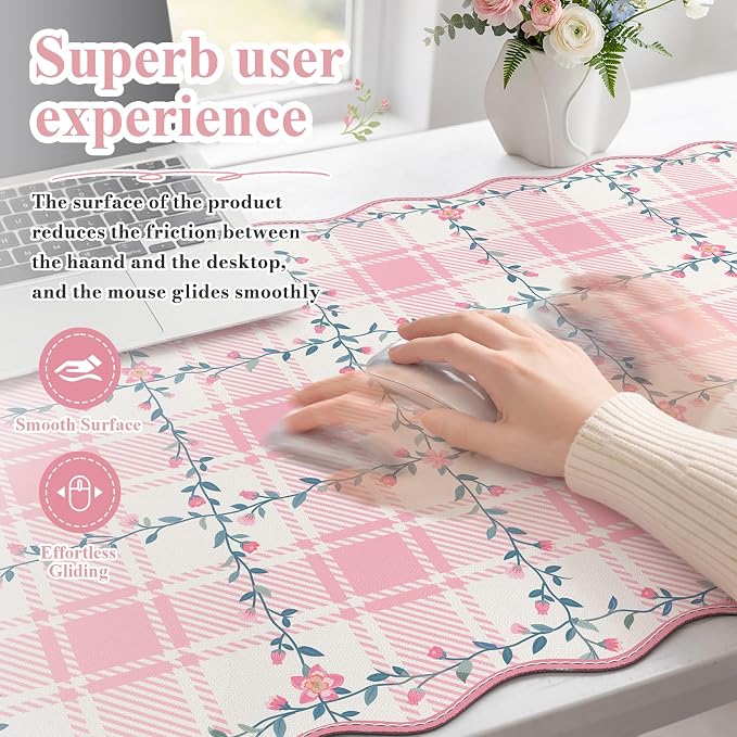 iCasso Vintage Floral Desk Mat, Large Mouse Pad, XXL Leather Scalloped Checkered Computer Mat, Back to School Girly Non-Slip Base Mousepad, Pink Desk Accessories for Home Office (Light Pink)