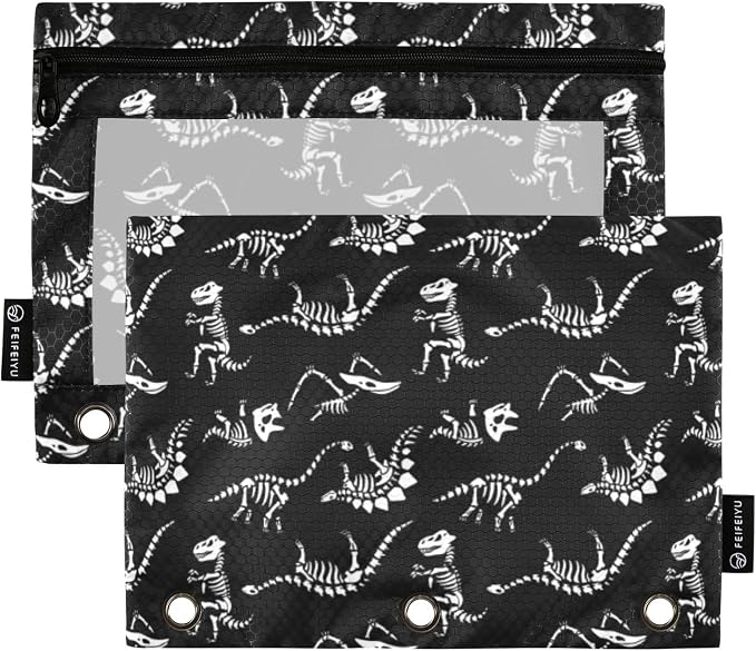 Dinosaur Skull Pencil Pouches for 3 Ring Binder 2 Pack | Binder Pencil Case With Zipper Reinforced GrommetsPencil Bags for Office Organizers