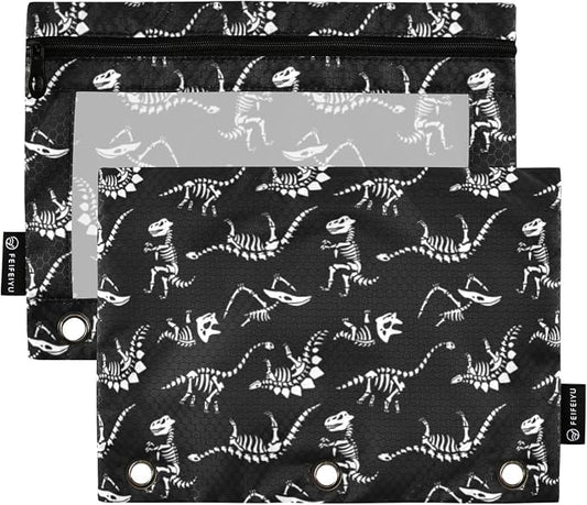 Dinosaur Skull Pencil Pouches for 3 Ring Binder 2 Pack | Binder Pencil Case With Zipper Reinforced GrommetsPencil Bags for Office Organizers