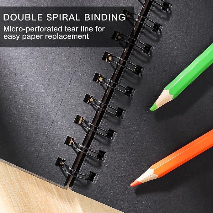 Black Paper Sketchbook 9 × 12 in, 50 Sheets, 160gsm, Spiral Bound | Acid-Free Black Paper, Heavyweight 108 Lb, Clean-Tear Pages, Hardcover, for Colored Pencil, Chalk & Gel Pens