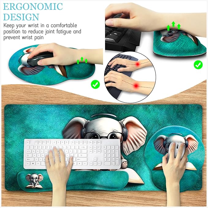 LIMKRIAN Large Desk Mat Set, Mouse Pad with Wrist Rest, Cute Elephant | Ergonomic Wrist Support Keyboard Mat, Coaster, Gaming Mouse Pad, Home Office Desk Accessories Decor Supplies for Women Gifts