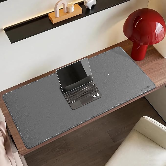 CENNBIE 35.5" x 16" Leather Desk Mat, Computer Mouse Pad for Office(Grey) | Premium stitched edges resist wear. Easy to clean. Protects desk from spills, stains ,scratches. Smooth glide. Office & home.