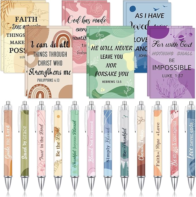 Colarr 12 Sets Christian Bulk Gifts for Women Bible Verse Pens Notebooks Religious VBS Scripture Ballpoint Pens Bookmarks Journal for Easter Sunday School Church Inspirational Supply(Boho)