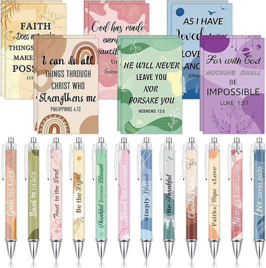 Colarr 12 Sets Christian Bulk Gifts for Women Bible Verse Pens Notebooks Religious VBS Scripture Ballpoint Pens Bookmarks Journal for Easter Sunday School Church Inspirational Supply(Boho)