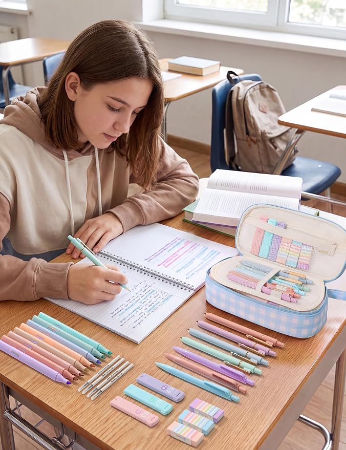 SUNEE 35PCS Aesthetic Stationery Set with Cute Pencil Case, Pastel Highlighters, Black Gel Pens, Mechanical Pencils & Refills, College School Supplies for Students Girls Blue Checkered