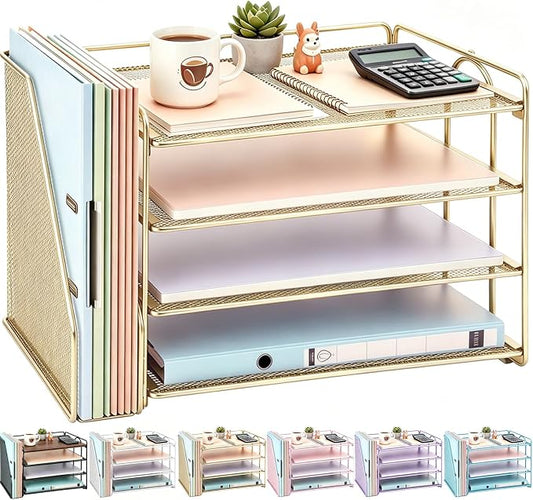 gianotter 4-Tier Paper Organizer With Magazine Holder, Desk Organizers and Accessories, Desk Accessories & Workspace Organizers, File Organizer for Office Supplies Storag (Gold, 4-Tier)
