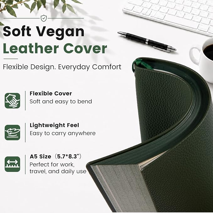 CAGIE Lined Journal Notebook for Men & Women,176 Pages A5 Medium Size, Softcover Leather Journals for Writing, College Ruled Notebook for Work & School, 100 GSM Thick Paper (5.7'' x 8.3'') (Green)