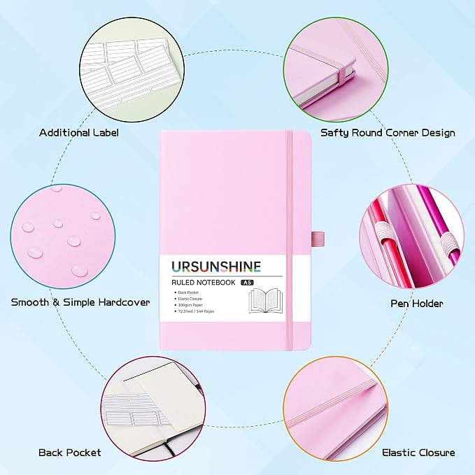Ruled Notebook/Journal - Classic Lined Journal/Notebook, Hardcover with Thick Paper, 5.7" x 8.4", Banded + Pen Holder +Inner Pocket - Pink