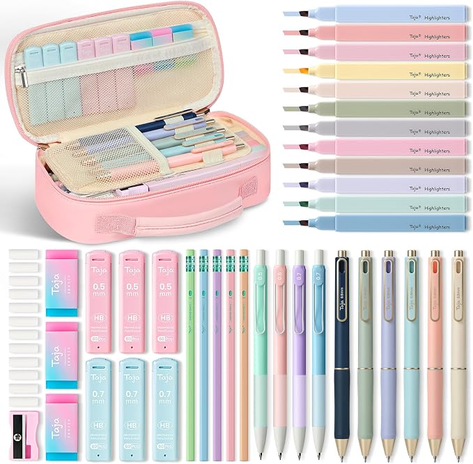 Cute Pencil Case With Supplies, 39 PCS Aesthetic Stationery Set with Pencil Pouch, 6 Black Ink Gel Pens, 12 Pastel Highlighters, 5 #2 HB Pencils, 4 Mechanical Pencils, Back to School Supplies - Pink